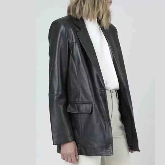 NWT Free People Deadwood Brooke Leather Blazer Jacket Black Medium - Picture 3 of 14